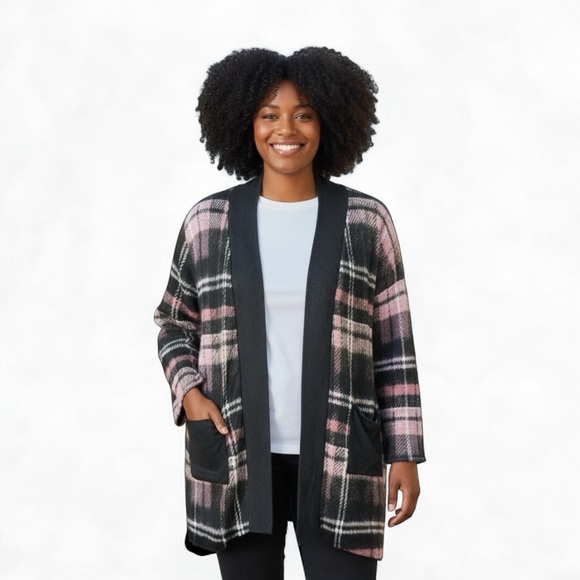 NWT Pink Gray Plaid Open Front Cardigan Sweater Wrap - Size 4XL - Picture 1 of 12